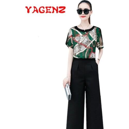 YAGENZ Fashion Chiffon Two Piece Set Women Short sleeve Printed Tops Black Cropped Trousers Casual 2 Piece Set Ropa De Mujer 779
