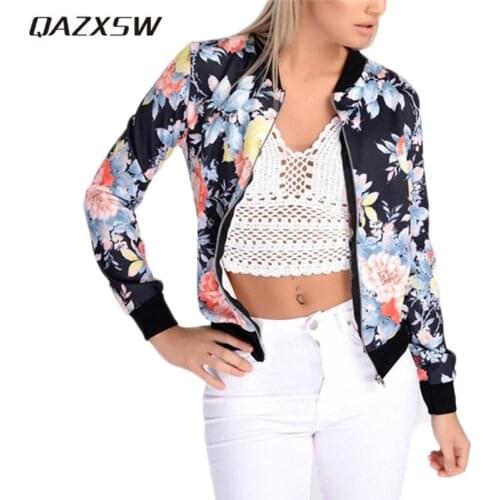 QAZXSW Flower Print Women Basic Coats Long Sleeve Zipper Bomber Jacket Casual Girl Jacket Coat Autumn Winter Streetwear HB463
