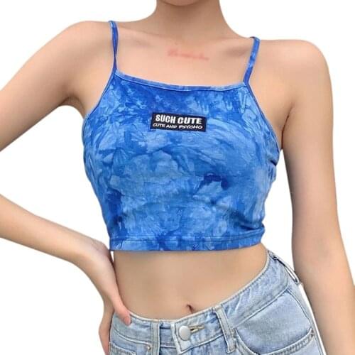 Women Summer Cool Tie-dye Tops Vest Blue Sleeveless Crop Top Camisole Tank Top Casual Off Shoulder O-neck Bottoming Tee Shirt