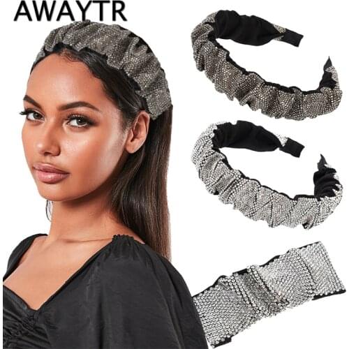 AWAYTR Rhinestone Headbands Women Pleated Fashion Hair Bands Bezel Hair Hoop Girls Hairbands Hair Accessories Leather Hairpin