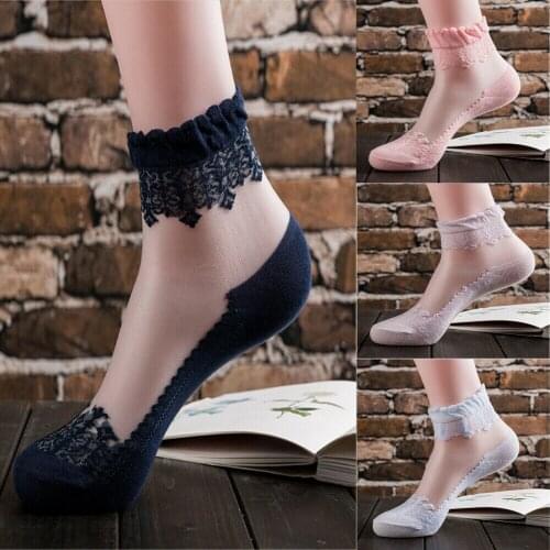 Women Transparent Thin Flower Lace Socks Crystal Glass Silk Short Socks