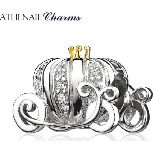 ATHENAIE 925 Sterling Silver CZ Sparkling Crown Fairy Tale Pumpkin Carriage Charms Fit Charm Bracelet Bangles Necklace Women