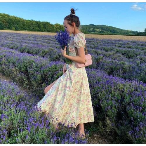 2021 Vintage Floral Dress Women Summer Square Collar Puff Sleeve Long Dress Sexy Off Shoulder Side Split A-line Dress