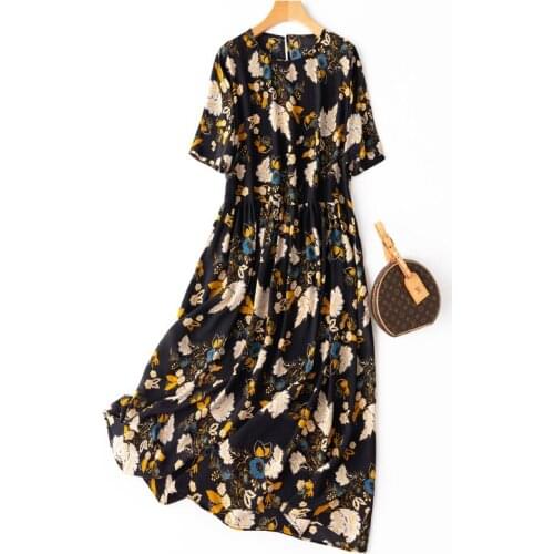 Womens 100% Silk luxury Fashion Heavy Round neck Long Dress Elegant Romantic floral Prints One Size L1117