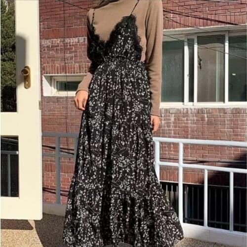 2021 new temperament lace V-neck all-match floral sling dress women