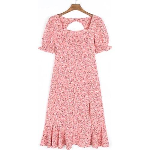 2021 New Backless Cutout Pink Summer Dress Women Floral Print Slit Boho Long Dress Women Puff Sleeve Ruffle Sundress