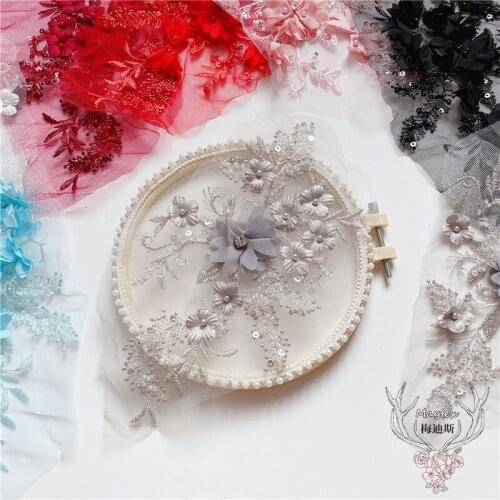1 Pair 3D Chiffon Flower Lace Applique Crystal Pearls Beaded patch for Wedding Supply Bridal Bodice Party Dress Evening Gown