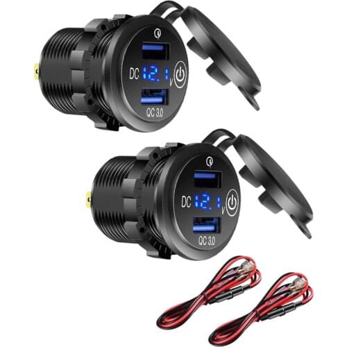NEW-2Pack 12V USB Outlet, QC 3.0 Dual USB Car Charger with Press Switch and Voltmeter for 12V/24V Motorcycle Car Bus Truck