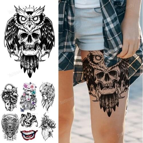 Big Temporary Tattoos For Women Men Adult Black Flower Compass Skull Tattoo Sticker Fake Triangle Eye Clock Tatoos Leg Body Art
