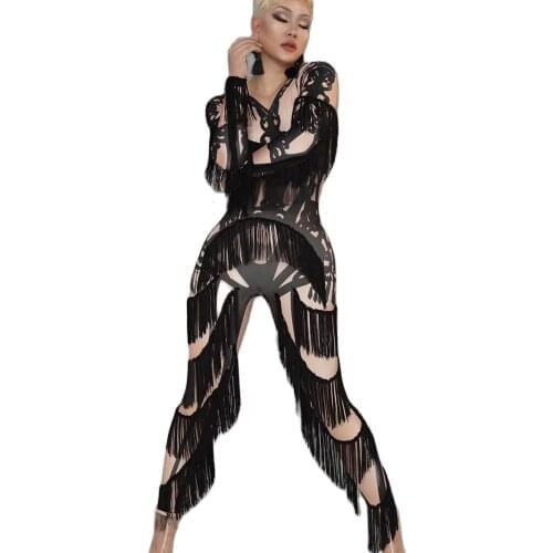 Black Printing Tassel V-Neck Bodysuit Long Sleeve Ladies Nightclub Performance Clothing Stage Wear Lady Womens Party Clothing