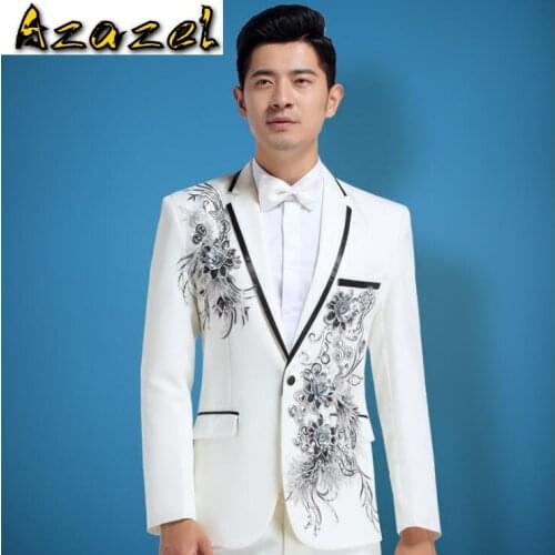 Beige new male singer Embroidery diamond Fashion luxury Men suits costume Mens Slim Wedding Groom Tuxedos 2 Pieces Jacket+Pant