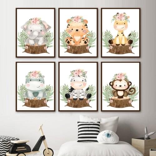 Cartoons Elephant Tiger Zebra Giraffe Monkey Wall Art Canvas Painting Nordic Posters And Prints Wall Pictures Kids Room Decor