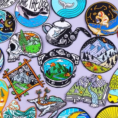 Adventure Mountain Patches For Clothing Stickers DIY Camping Badges Stripes Iron On Patches On Clothes Van Gogh Embroidery Patch