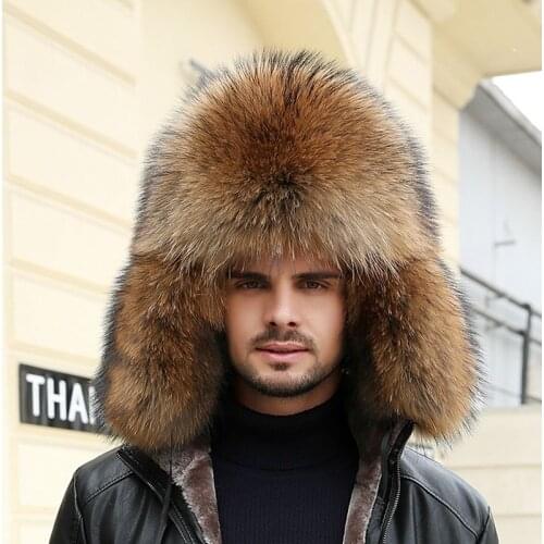 New arrival winter gentlemens full natural raccoon fur silver fur bomber hat protection ear warm