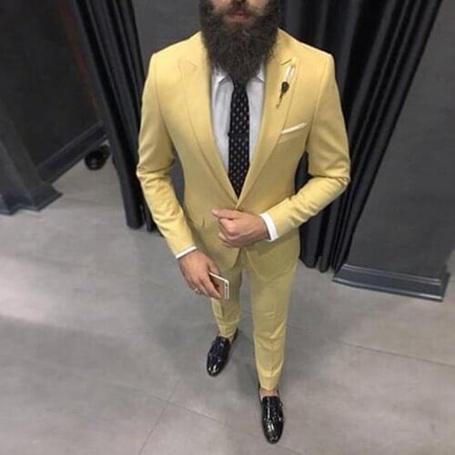 Slim Fit Yellow Men Suits 2019 Wedding Groom Tuxedos Bridegroom Set 2 Pcs(Jacket+Pants) Best Man Prom Wear Blazer Costume Homme