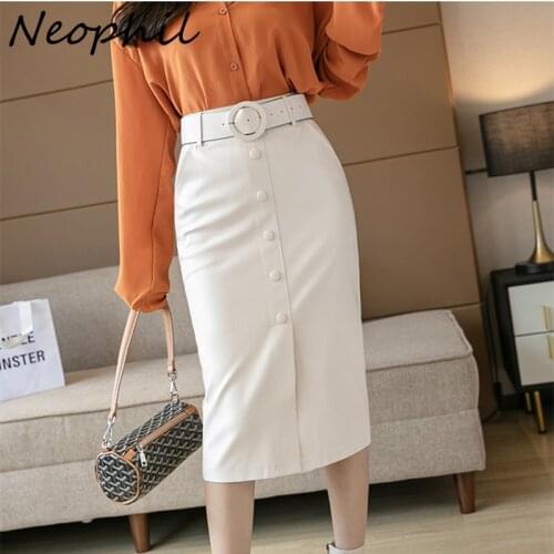 Neophil Office Ladies PU Faux Leather Skirts With Belt High Waist 2021 Winter White Plus Size Chic Front Split Long Skirt S21862