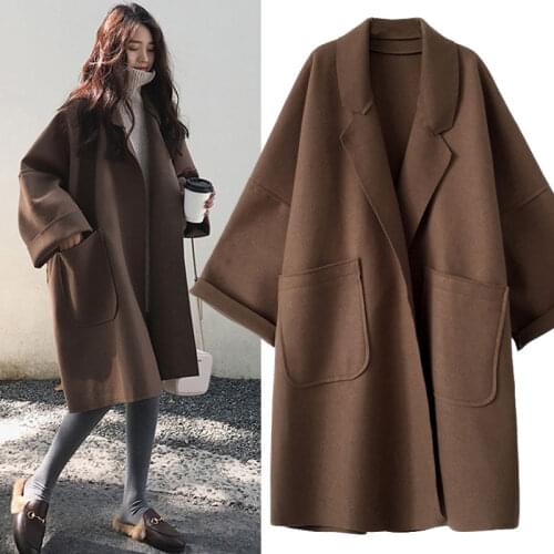 Autumn And Winter Plus Size WomenS Woolen Coat Female Fat Sister Korean Loose Mid-Length Windbreaker Thick Coat