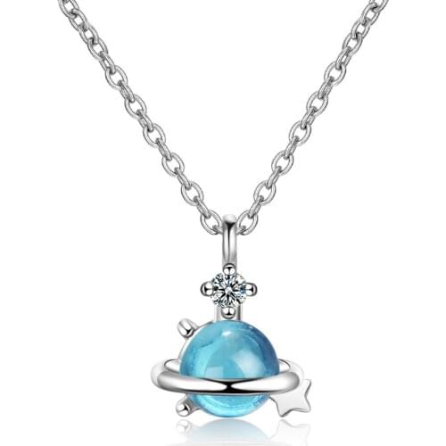 ModaOne Dream Blue Crystal Universe Planet Pendant Necklace 925 Sterling Silver Zircon Clavicle Chain Jewelry For Women