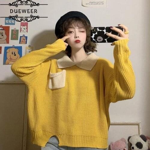 Pullovers Sweaters Women Turn-down Collar Knitted Jumper Sweater Loose Panelled Preppy-style Sweet Student Lovely Fashion Casual