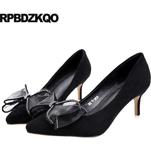 Strap rhinestone chunky high heels bow black jewel crystal slingback pointed toe ladies pumps kawaii diamond shoes women 2019