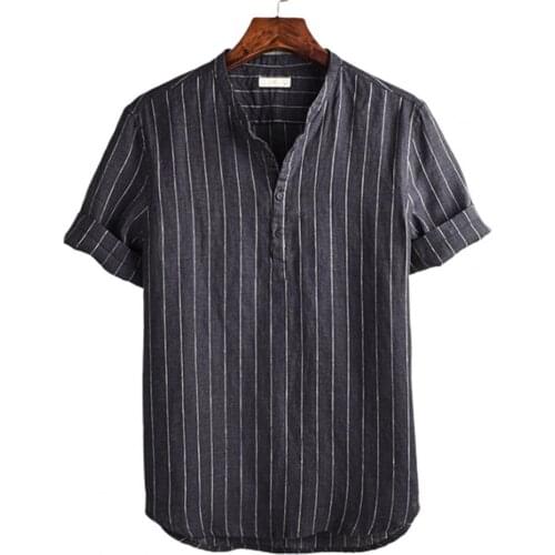 Mens Casual Cotton Linen Short Sleeve Shirt Striped Print V Neck Stand Collar High Quality Casual T-shirt Male Clothing