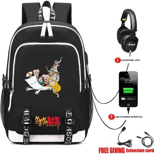 Anime GeGeGe no Kitaro backpack USB charging Headphone jack Students bookbag Men Teenage Laptop backpack travel bag 14 style