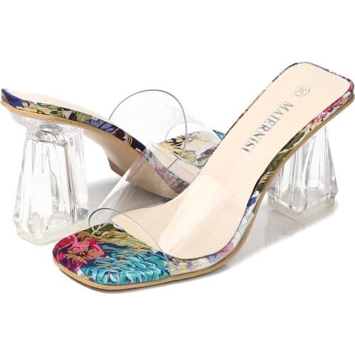 Large Size 35-46 Transparent Womens Shoes Flower Open Toe Office Ladies High Heels Summer Crystal Clear Square Heel Sandals