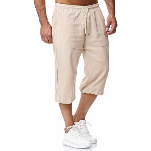 Mens Casual Short Pants Linen Loose Cropped Shorts Oversize Short Trousers Sport Overall Streetwear Man Solid Calf-length Pants