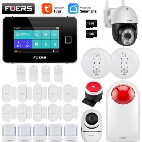 FUERS Tuya WiFi GSM Alarm Security System Touch screen Temperature Humidity Display Fingerprint 433MHz Control Smart Home Alarm
