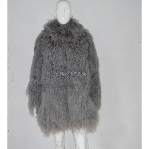 SJ034-01 Hot Sale Russian Very Warm Winter Fur Coat Gray Curly Long Hair Sheep Fur Overcoats Custom
