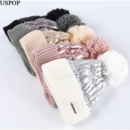 USPOP winter hats women skullies patchwork pompom hats female beanies fashion knitted hats