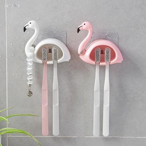 Vanzlife Creative flamingos modelling couples toothbrush rack Free of perforated toilet since the shelf toothbrush hanging rack