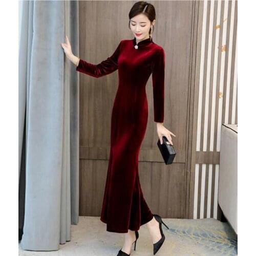 Spring Cheongsam Chinese Traditional Long dress Woman Velvet Qipao Vintage
