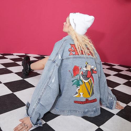 2021 Spring Denim Jacket Women Hole BF Jeans Outwear Female Casual Cartoon Print Beaded Loose Cowboy Coats