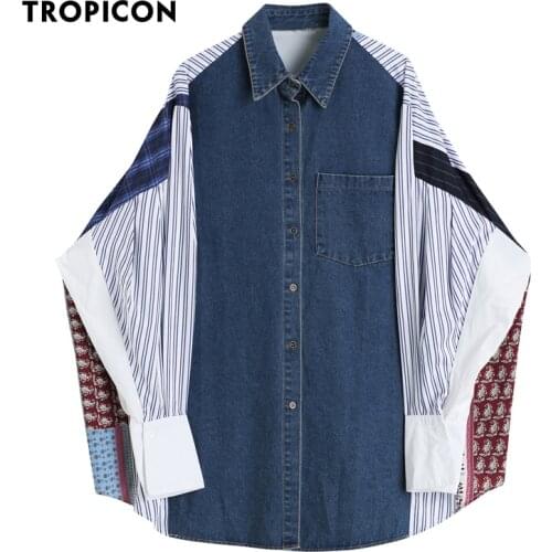 TROPICON Vintage Denin Patchwork Oversized Shirt Women Long Sleeve Top And Blouse Button Up Collar Blue Jean Shirt Fashion 2021