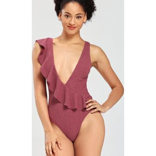 Women Swim Wear Swimsuit Beach Costume Lady Bikini One-Piece Swimwear Strap Solid Color Ruffle Swimsuit