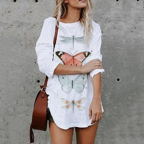 Butterfly Print Vintage White Graphic T Shirts Clothes Women Plus Size Summer Tops for Women Full Sleeves Loose Casual T Shirt