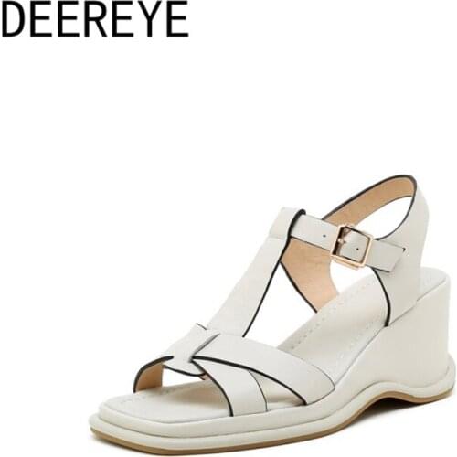 New 2021 Comfortable Genuine Leather Women Casual Wedges Low Heels Square Toe T Strap Side Hollow Out Ladies Soft Sandal Shoes