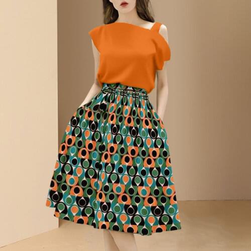 Summer Women Fashion 2 Two Piece Set Solid Color Skew Collar Top High Waist Pocket Print Midi Skirt Female Casual Clothes Set