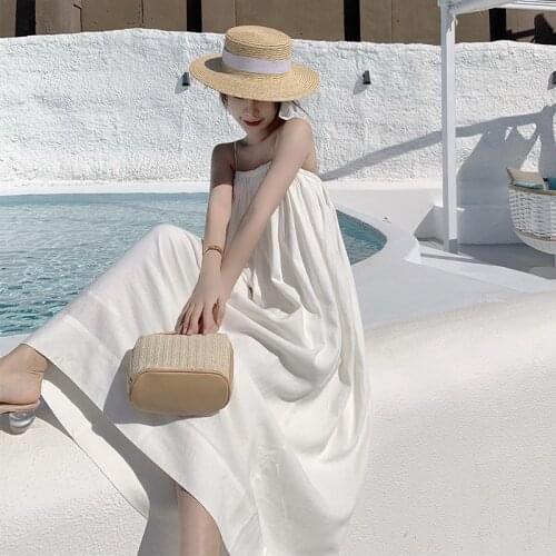 2021Summer Dress Women Sexy Long Dress Casual Loose Solid Pleated Beach Vestido Robe Spaghetti Strap Sundress white dress