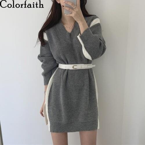 Colorfaith New 2021 Spring Autumn Women Dresses V-Neck Split Knitting High Waist Korean Style With Belt Lady Mini Dress DR7833