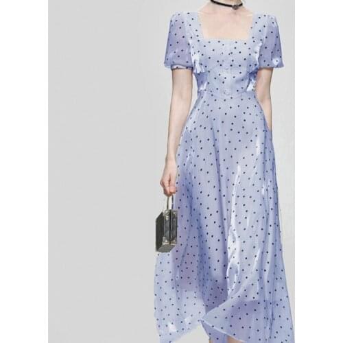 French Elegant Chiffon Polka Dot Print Party Dress 2021 Summer Women Square Collar Female Lady Office OL High Waist Slim Dress