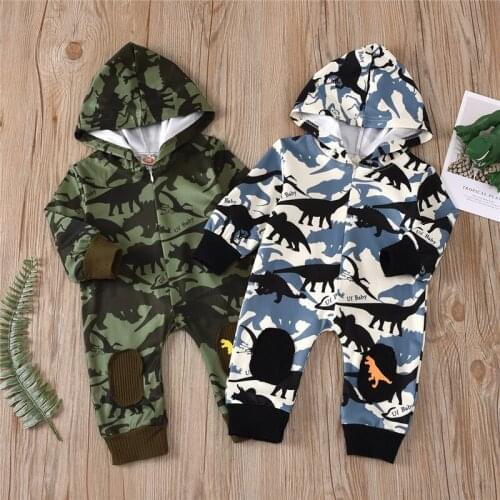 2020 Autumn Toddler Infant Baby Boys Girls Long Sleeve Zipper Hooded dinosaur Print Jumpsuit Romper Clothes Baby Rompers