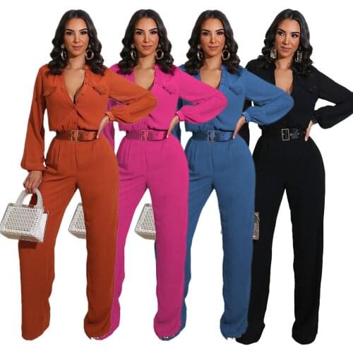 Womens Solid Color Loose Jumpsuit Casual Long Sleeve Single-breasted Straight Leg Pants Romper High Waist Office Lady Overalls