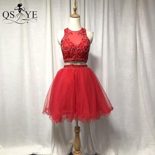 Red Two Pieces Homecoming Dress Halter Neck Crystal Bead Tulle Short Prom Gown Keyhole Back Girl Red Party Dress