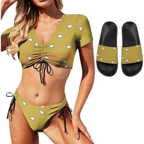 Demon Slayer Bikini Slipper Suit Agatsuma Zenitsu Anime Cos High Waist Skinny V Neck Tie Women Swimsuit 3 Piece Swimwear Sandal