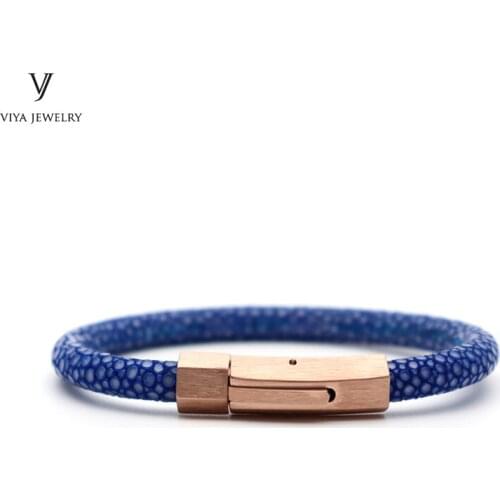Genuine Stingray Leather & High Quality Stainless Steel Buckle Bracelets Men Leather Bracelet Blue Stingray Men Bracelet