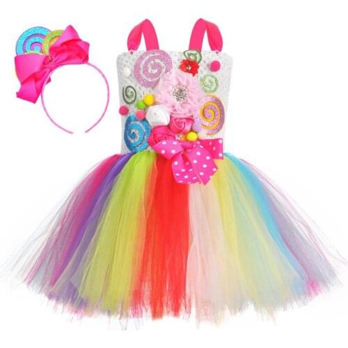 Rainbow Fancy Lollipop Candy Baby Clothes Girl Birthday Home Party Dress Bow Princess Dress Girl Flower Tulle Wedding Tutu Dress