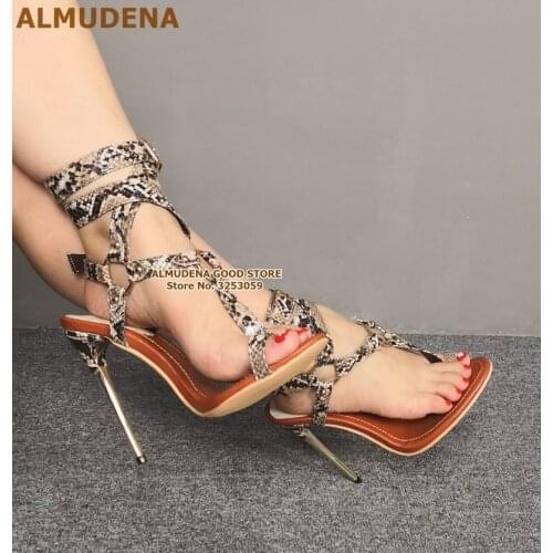 ALMUDENA Gloded Heel Metallic Ring Buckle Sandals Sexy Snakeskin Clip Toe High Heel Shoes Python Strappy Pumps Big Size Shoes