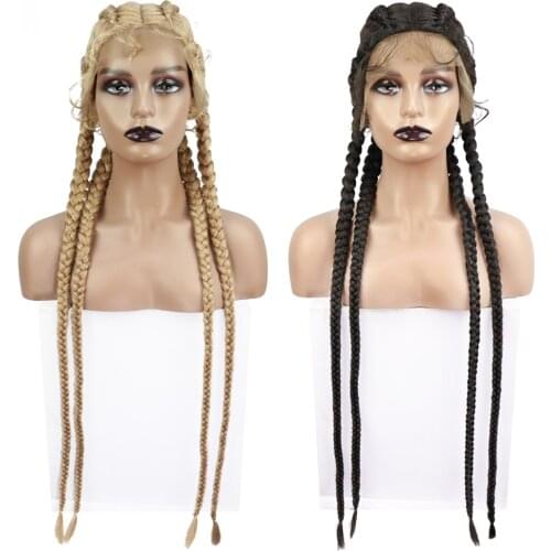 Rebcass 4 Plat Braid Lace Front Synthetic Wig for Black Women Cornrow Braids Lace Wigs with Baby Hair Box Braid Wig #27/ 613